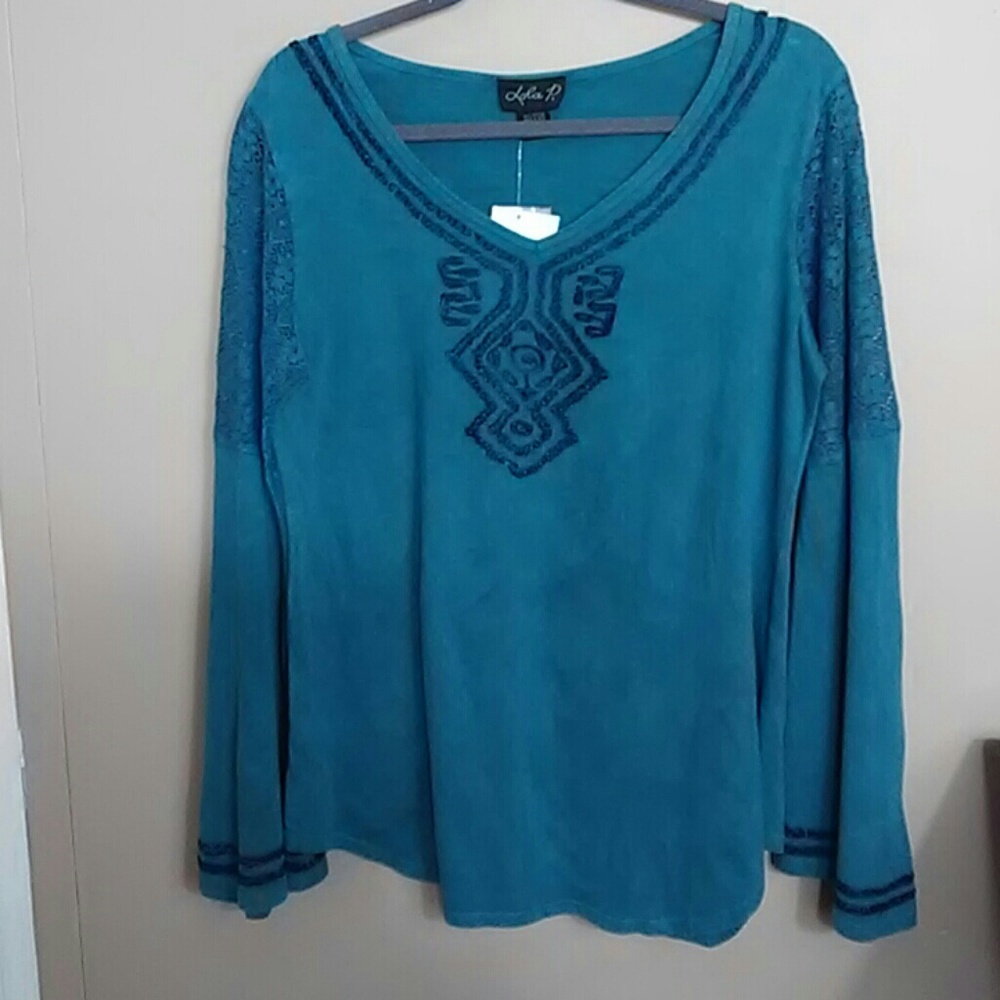 Lola P. Lace and  Embroidery Bell Sleeve Top